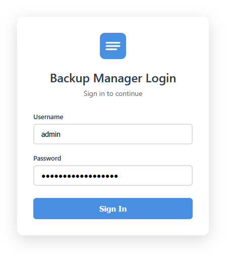 BackupManager login screen